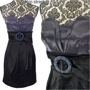 TRIXXI Strapless High Waist Beaded Buckle Stretch Satin Party Prom Dress 3